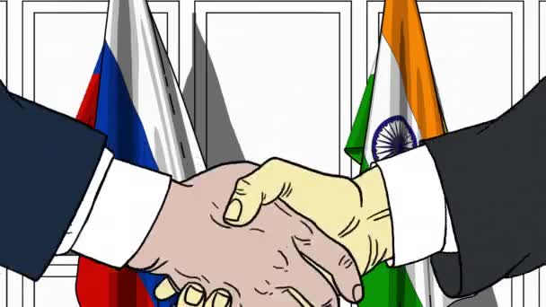 Empresarios o políticos estrechando las manos contra las banderas de Rusia e India. Animación de dibujos animados relacionados con reuniones o cooperación — Vídeos de Stock