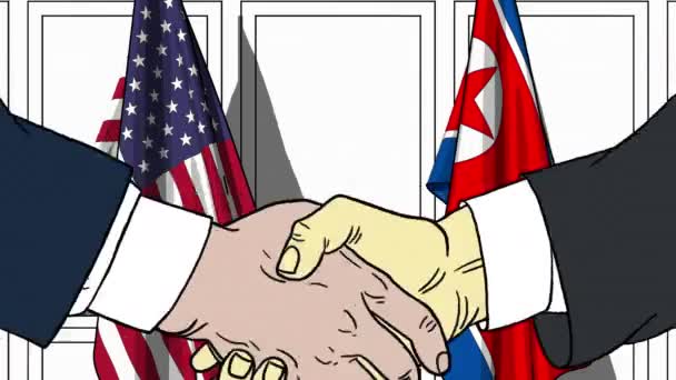 Podnikatelé či politici potřást rukou proti vlajek Usa a Severní Korea. Oficiální setkání nebo spolupráci související kreslené animace — Stock video