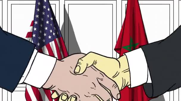 Empresarios o políticos se dan la mano contra banderas de Estados Unidos y Marruecos. Reunión oficial o animación de dibujos animados relacionados con la cooperación — Vídeos de Stock
