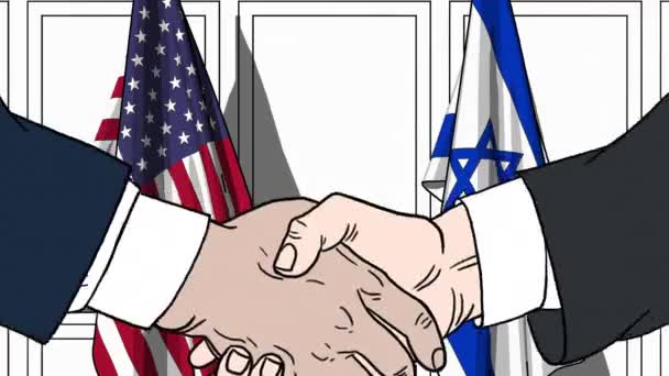 Des hommes d'affaires ou des politiciens serrent la main contre les drapeaux des États-Unis et d'Israël. Réunion officielle ou animation de bande dessinée liée à la coopération — Video