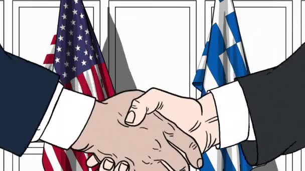 Empresarios o políticos se dan la mano contra banderas de Estados Unidos y Grecia. Reunión oficial o animación de dibujos animados relacionados con la cooperación — Vídeos de Stock