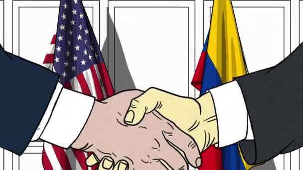 Επιχειρηματίες ή πολιτικοί χειραψία κατά σημαίες των ΗΠΑ και της Κολομβίας. Επίσημη συνάντηση ή συνεργασίας που σχετίζονται με κινούμενα σχέδια — Αρχείο Βίντεο