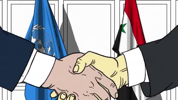 Businessmen or politicians shake hands against flags of United Nations and Syria. Official meeting or cooperation related editorial animation — Stock Video