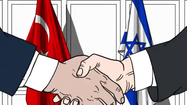 Empresarios o políticos se dan la mano contra las banderas de Turquía e Israel. Reunión oficial o animación de dibujos animados relacionados con la cooperación — Vídeo de stock