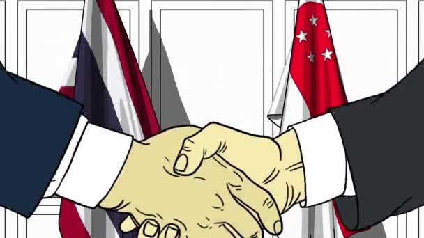 Zakenlieden of politici schudden handen tegen de lijst van vlaggen van Thailand en Singapore. Officiële bijeenkomst of samenwerking gerelateerde cartoon-animatie — Stockvideo