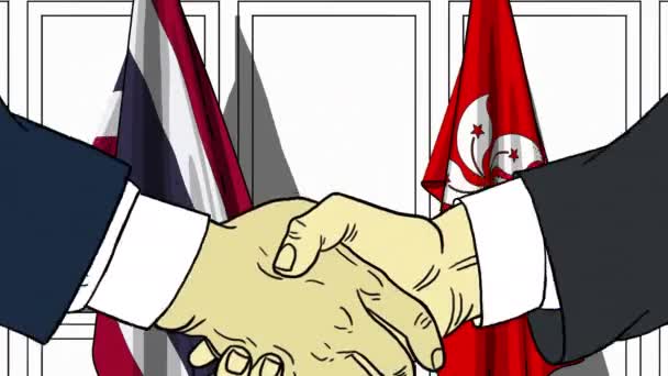 Biznesmenów i polityków uścisnąć dłoń przed flagi w Tajlandii i Hong Kong. Oficjalne spotkanie lub współpracy z filmów animowanych — Wideo stockowe