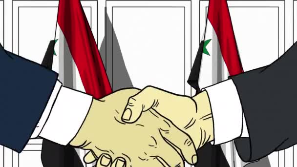 Businessmen or politicians shake hands against flags of Syria. Official meeting or cooperation related cartoon animation — Stock Video