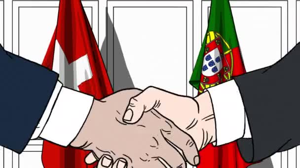 ビジネスマンや政治家は、スイス連邦共和国およびポルトガルの国旗に対して手を振る。公式会議や協力関連漫画アニメ — ストック動画