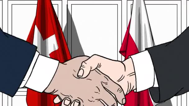 Empresarios o políticos se dan la mano contra las banderas de Suiza y Polonia. Reunión oficial o animación de dibujos animados relacionados con la cooperación — Vídeos de Stock