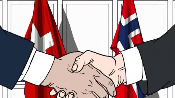 Des hommes d'affaires ou des politiciens serrent la main contre les drapeaux de la Suisse et de la Norvège. Réunion officielle ou animation de bande dessinée liée à la coopération — Video