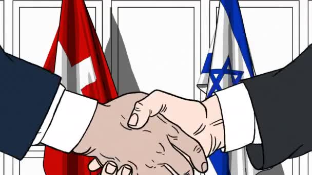 Des hommes d'affaires ou des politiciens serrent la main contre les drapeaux de la Suisse et d'Israël. Réunion officielle ou animation de bande dessinée liée à la coopération — Video