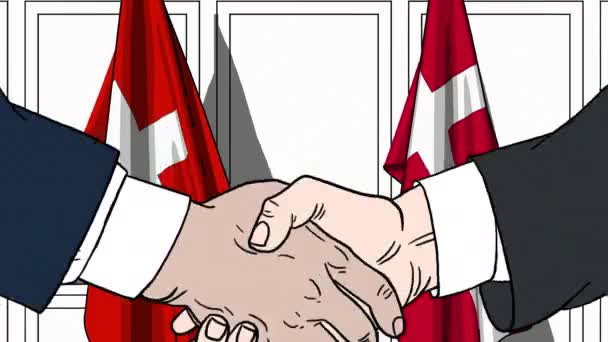 Empresarios o políticos se dan la mano contra las banderas de Suiza y Dinamarca. Reunión oficial o animación de dibujos animados relacionados con la cooperación — Vídeos de Stock