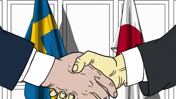 Affärsmän eller politiker skakar hand mot flaggor för Sverige och Japan. Officiellt möte eller samarbete med tecknad animation — Stockvideo