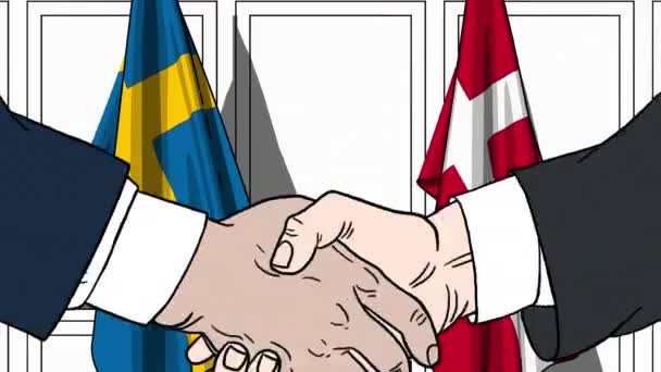 Des hommes d'affaires ou des politiciens serrent la main contre les drapeaux de la Suède et du Danemark. Réunion officielle ou animation de bande dessinée liée à la coopération — Video