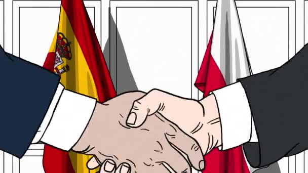 Zakenlieden of politici schudden handen tegen de lijst van vlaggen van Spanje en Polen. Officiële bijeenkomst of samenwerking gerelateerde cartoon-animatie — Stockvideo