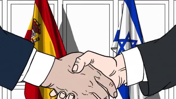 İş adamları veya politikacılar İspanya ve İsrail bayrakları karşı el sıkışın. Resmi toplantı veya işbirliği çizgi film animasyon ile ilgili — Stok video