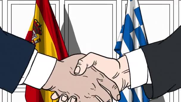 Zakenlieden of politici schudden handen tegen de lijst van vlaggen van Spanje en Griekenland. Officiële bijeenkomst of samenwerking gerelateerde cartoon-animatie — Stockvideo