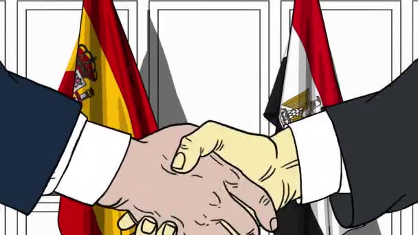 Des hommes d'affaires ou des politiciens serrent la main contre les drapeaux de l'Espagne et de l'Égypte. Réunion officielle ou animation de bande dessinée liée à la coopération — Video