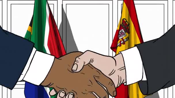 Zakenlieden of politici schudden handen tegen vlaggen van Zuid-Afrika en Spanje. Officiële bijeenkomst of samenwerking gerelateerde cartoon-animatie — Stockvideo