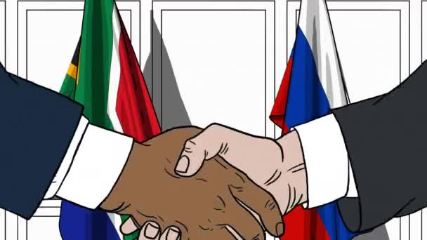 Empresários ou políticos apertam as mãos contra bandeiras da África do Sul e da Rússia. Reunião oficial ou animação de desenhos animados relacionados com a cooperação — Vídeo de Stock