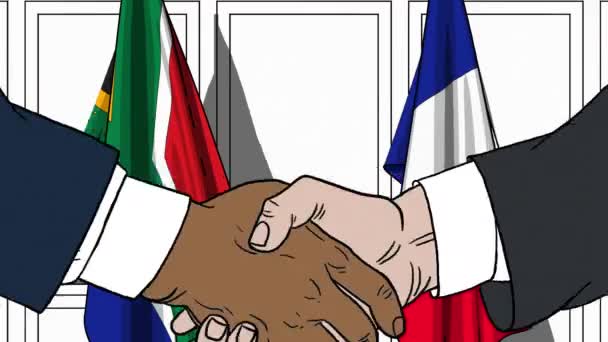 Businessmen or politicians shake hands against flags of South Africa and France. Official meeting or cooperation related cartoon animation — Stock Video