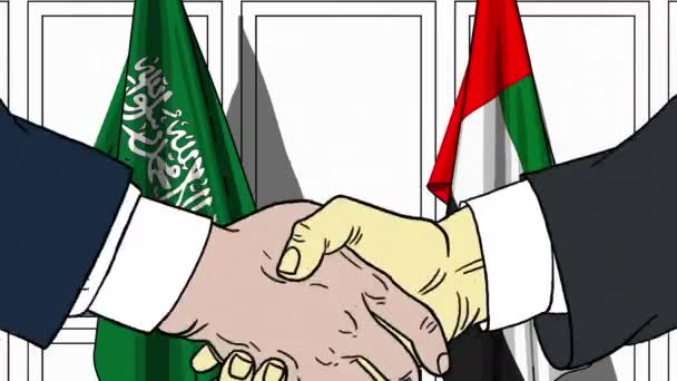Affärsmän eller politiker skakar hand mot flaggor av Saudiarabien och Förenade Arabemiraten. Officiellt möte eller samarbete med tecknad animation — Stockvideo
