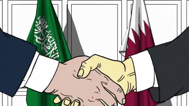 Επιχειρηματίες ή πολιτικοί χειραψία κατά σημαίες της Σαουδικής Αραβίας και Κατάρ. Επίσημη συνάντηση ή συνεργασίας που σχετίζονται με κινούμενα σχέδια — Αρχείο Βίντεο