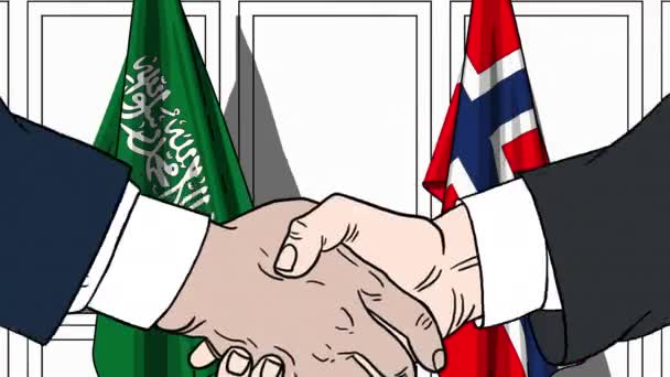 Des hommes d'affaires ou des politiciens serrent la main contre les drapeaux de l'Arabie saoudite et de la Norvège. Réunion officielle ou animation de bande dessinée liée à la coopération — Video