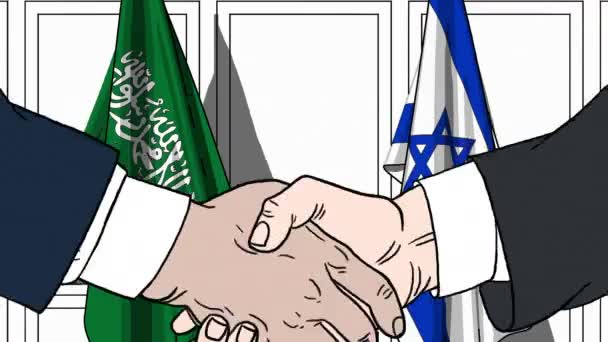 Empresarios o políticos se dan la mano contra las banderas de Arabia Saudita e Israel. Reunión oficial o animación de dibujos animados relacionados con la cooperación — Vídeos de Stock