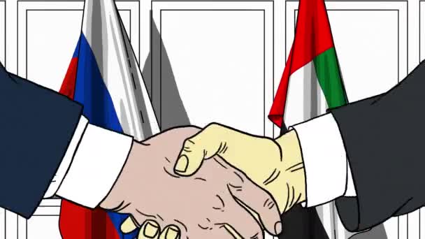 Businessmen or politicians shake hands against flags of Russia and UAE. Official meeting or cooperation related cartoon animation — Stock Video