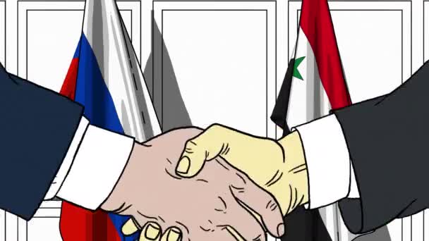 Бизнесмены или политики пожимают руки флагам России и Сирии. Официальная встреча или сотрудничество по анимации мультфильмов — стоковое видео