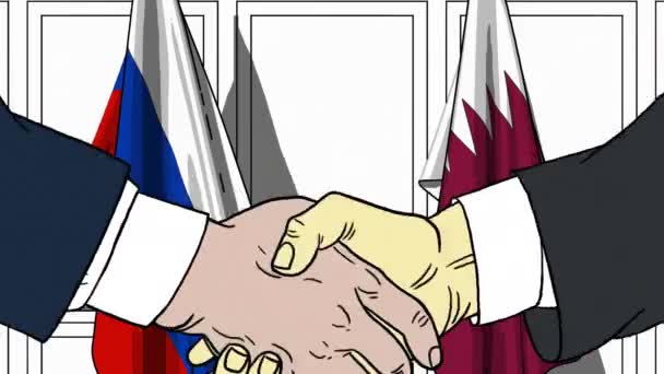 Zakenlieden of politici schudden handen tegen de lijst van vlaggen van Rusland en Qatar. Officiële bijeenkomst of samenwerking gerelateerde cartoon-animatie — Stockvideo