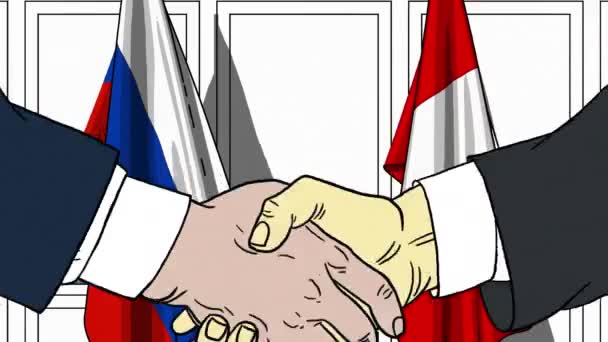 Empresários ou políticos apertam as mãos contra bandeiras da Rússia e do Peru. Reunião oficial ou animação de desenhos animados relacionados com a cooperação — Vídeo de Stock