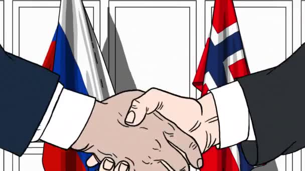 Businessmen or politicians shake hands against flags of Russia and Norway. Official meeting or cooperation related cartoon animation — Stock Video