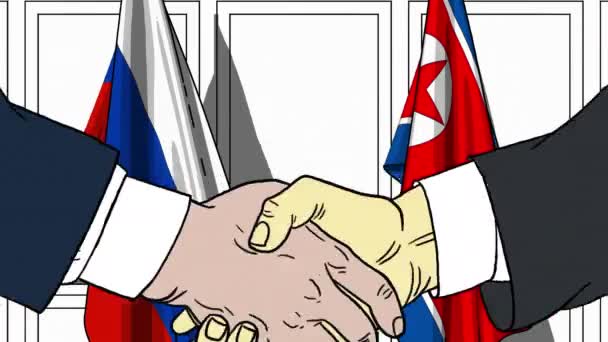 Biznesmenów i polityków uścisnąć dłoń przed flagi Rosji i Korei Północnej. Oficjalne spotkanie lub współpracy z filmów animowanych — Wideo stockowe