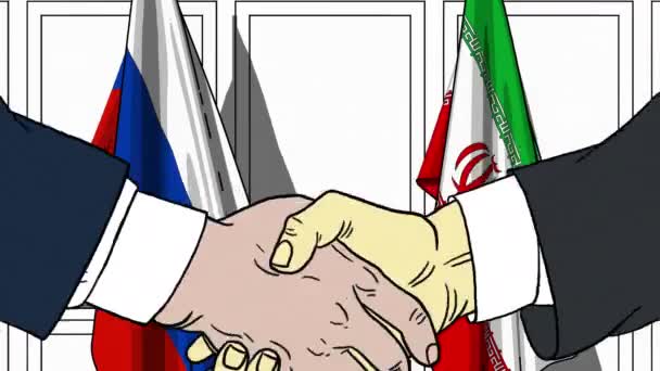 Бизнесмены или политики пожимают руки флагам России и Ирана. Официальная встреча или сотрудничество по анимации мультфильмов — стоковое видео