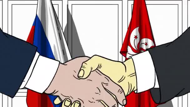 Бизнесмены или политики пожимают руку флагу России и Гонконга. Официальная встреча или сотрудничество по анимации мультфильмов — стоковое видео
