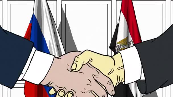 Businessmen or politicians shake hands against flags of Russia and Egypt. Official meeting or cooperation related cartoon animation — Stock Video