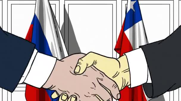 Zakenlieden of politici schudden handen tegen de lijst van vlaggen van Rusland en Chili. Officiële bijeenkomst of samenwerking gerelateerde cartoon-animatie — Stockvideo