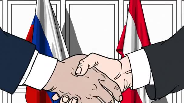 Businessmen or politicians shake hands against flags of Russia and Austria. Official meeting or cooperation related cartoon animation — Stock Video