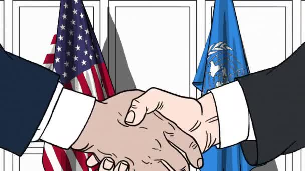 Empresários ou políticos apertam as mãos contra bandeiras dos EUA e das Nações Unidas. Animação editorial relacionada com reuniões oficiais ou cooperação — Vídeo de Stock