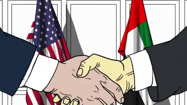 Des hommes d'affaires ou des politiciens serrent la main contre les drapeaux des États-Unis et des Émirats arabes unis. Réunion officielle ou animation de bande dessinée liée à la coopération — Video