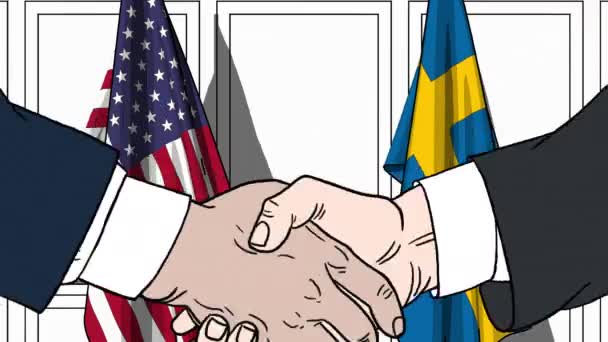 Zakenlieden of politici schudden handen tegen de vlaggen van de Verenigde Staten en Zweden. Officiële bijeenkomst of samenwerking gerelateerde cartoon-animatie — Stockvideo