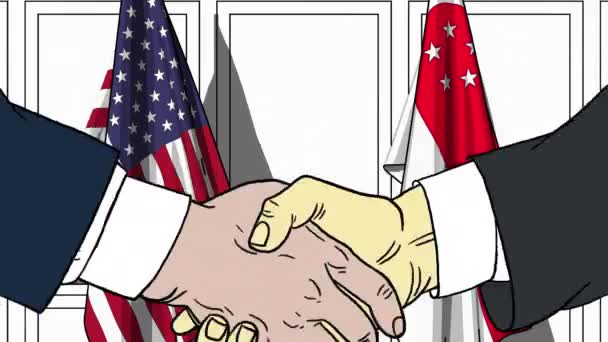 Zakenlieden of politici schudden handen tegen de vlaggen van de Verenigde Staten en Singapore. Officiële bijeenkomst of samenwerking gerelateerde cartoon-animatie — Stockvideo