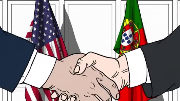 Zakenlieden of politici schudden handen tegen de vlaggen van de Verenigde Staten en Portugal. Officiële bijeenkomst of samenwerking gerelateerde cartoon-animatie — Stockvideo