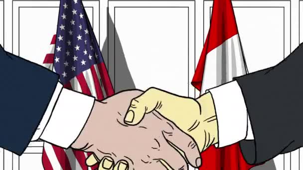 Des hommes d'affaires ou des politiciens serrent la main contre les drapeaux des États-Unis et du Pérou. Réunion officielle ou animation de bande dessinée liée à la coopération — Video