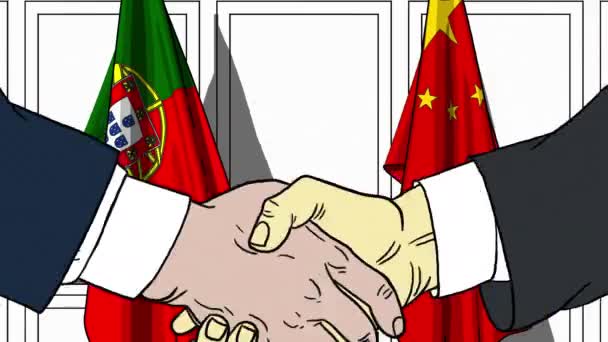 Businessmen or politicians shake hands against flags of Portugal and China. Official meeting or cooperation related cartoon animation — Stock Video