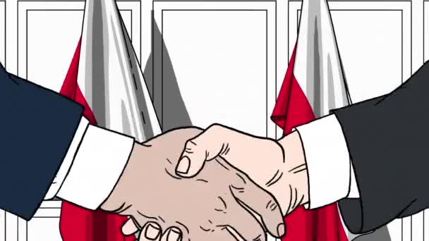 Empresarios o políticos se dan la mano contra las banderas de Polonia. Reunión oficial o animación de dibujos animados relacionados con la cooperación — Vídeo de stock