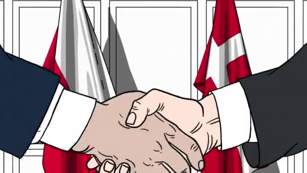 Підприємці або політиків потиснути один одному руки проти прапори Польщі і Данії. Офіційна зустріч або співпраці пов'язані з мультфільму анімації — стокове відео