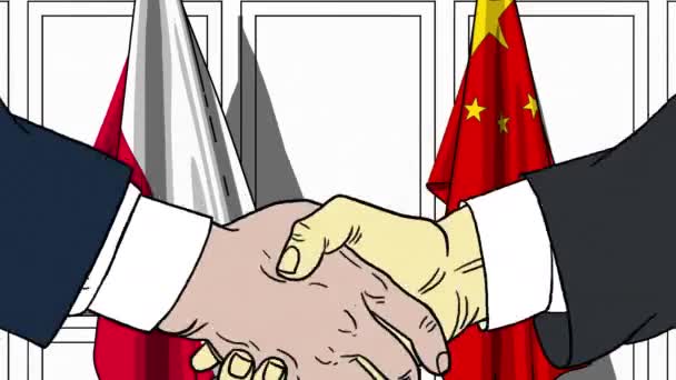 Бизнесмены или политики пожимают руку флагу Польши и Китая. Официальная встреча или сотрудничество по анимации мультфильмов — стоковое видео